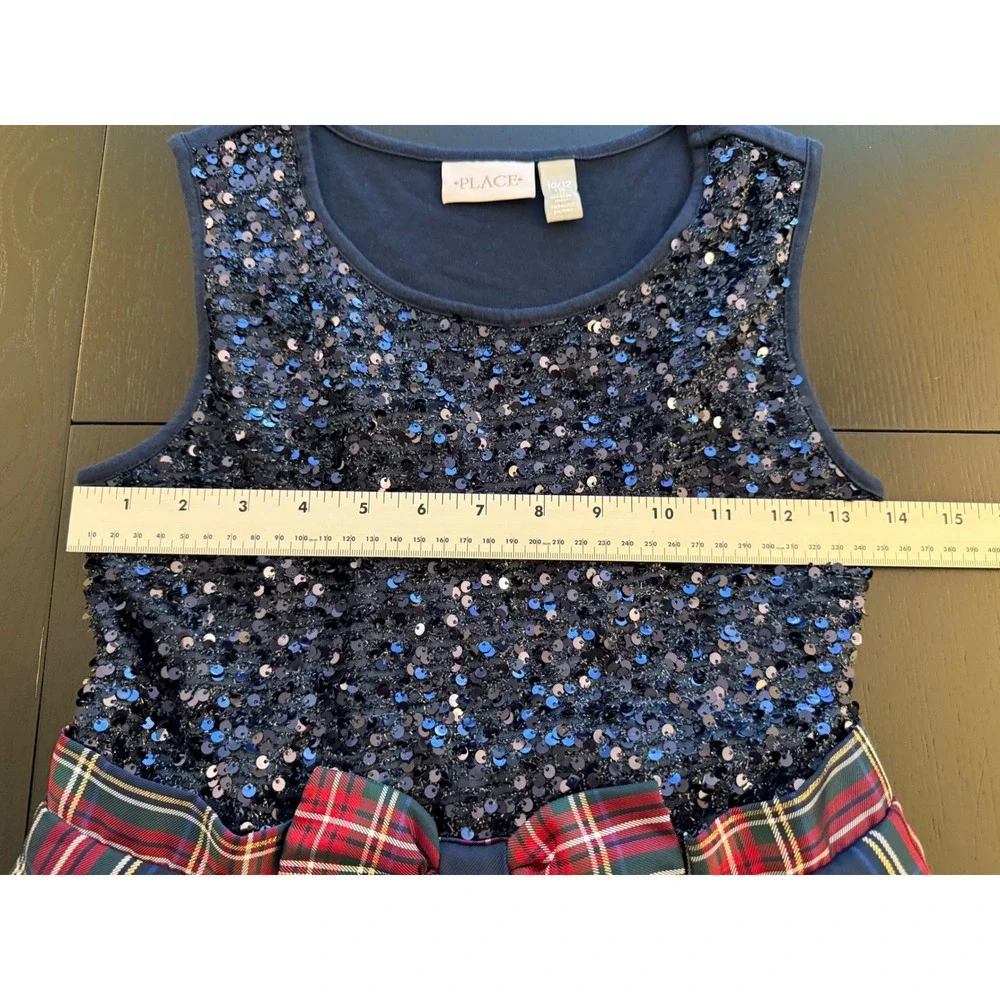 The Children's Place Sequin Plaid Dress Girls L 10/12 Blue Holiday Festive Party